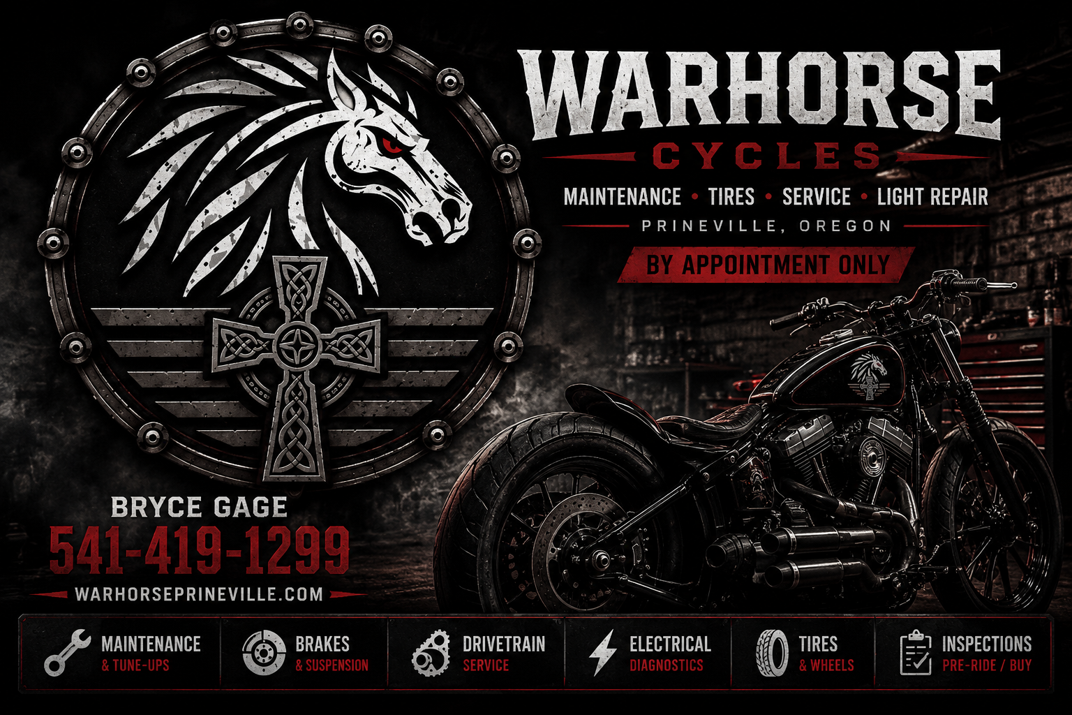 Warhorse Cycles shop banner with motorcycle